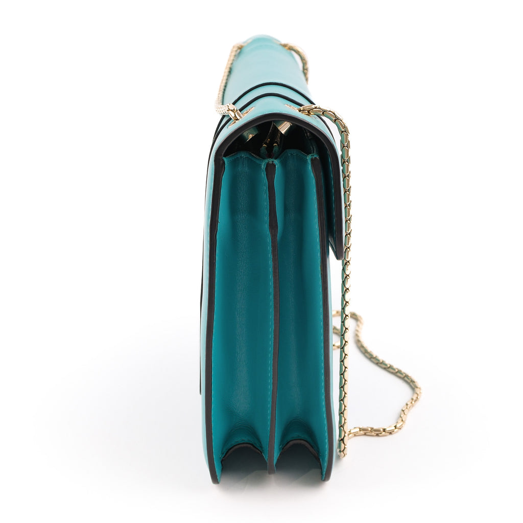 Bvlgari Serpenti Forever Large Chain Shoulder Bag Smooth Leather Teal Blue Gold Hardware