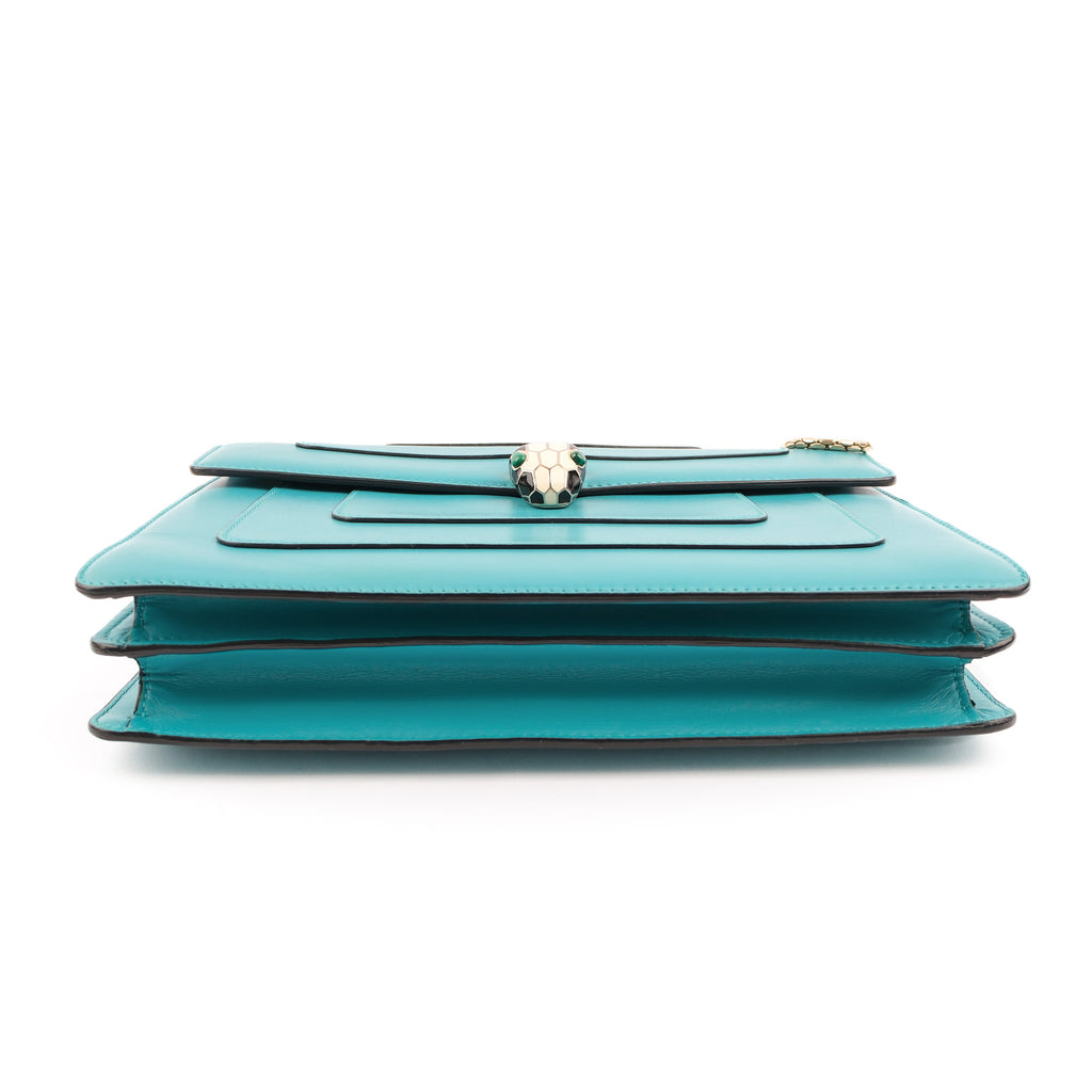 Bvlgari Serpenti Forever Large Chain Shoulder Bag Smooth Leather Teal Blue Gold Hardware
