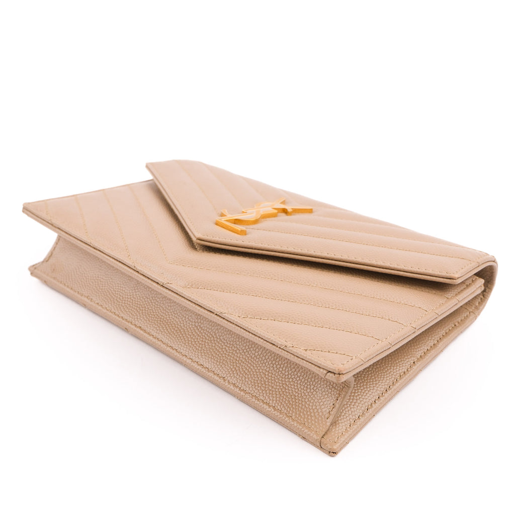 Saint Laurent Paris Monogram Envelope Shoulder Bag 354120 Chevron Leather Beige Gold Hardware