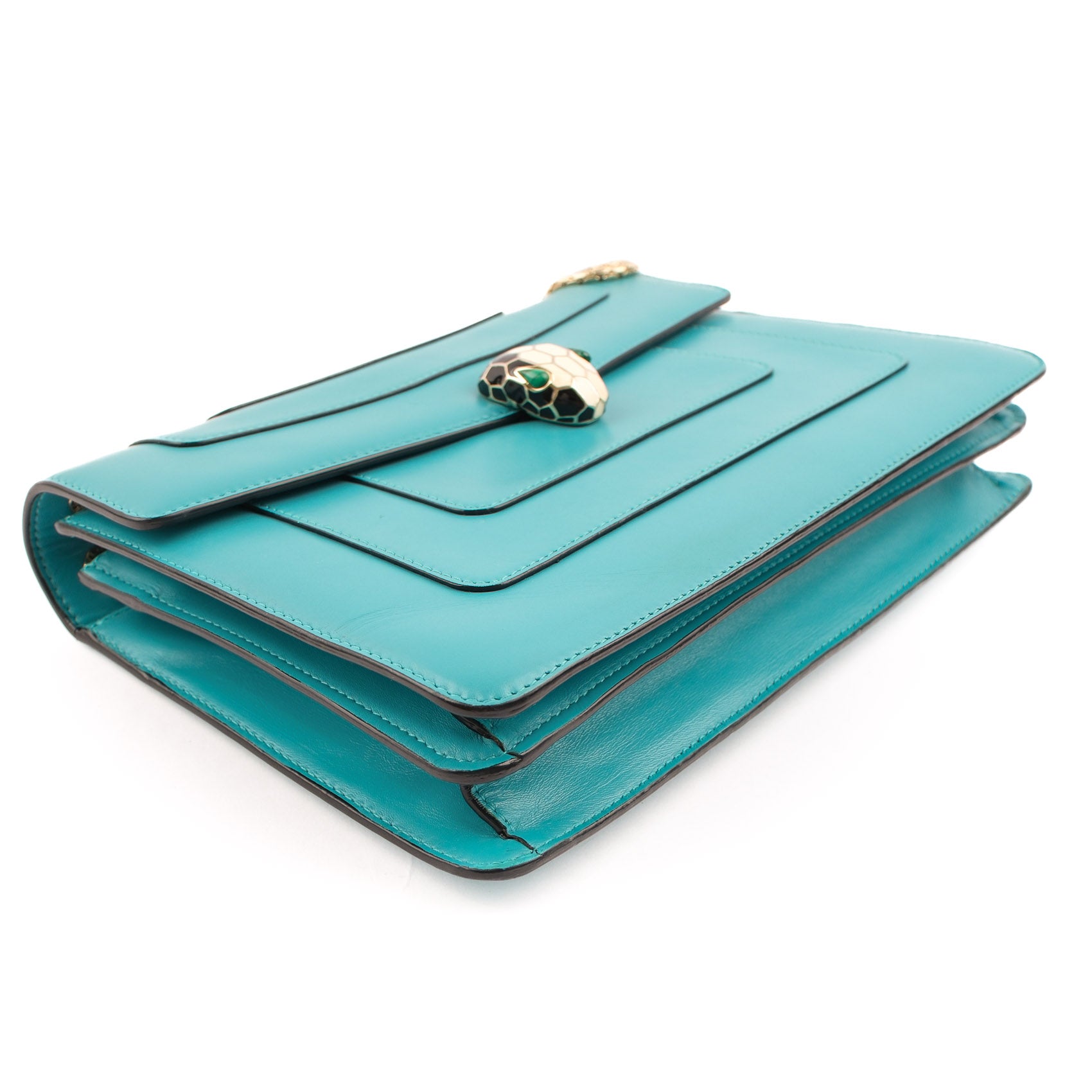 Bvlgari Serpenti Forever Large Chain Shoulder Bag Smooth Leather Teal Blue Gold Hardware