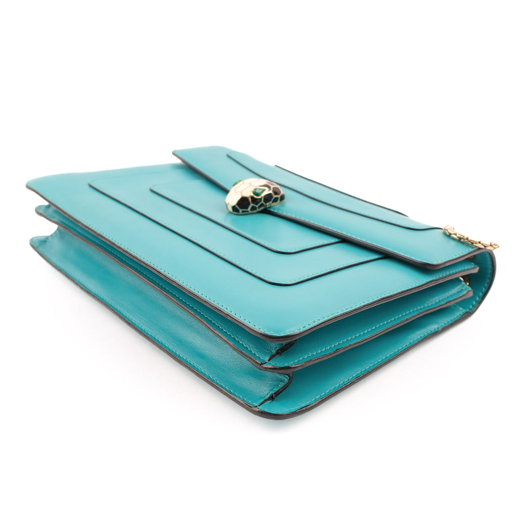 Bvlgari Serpenti Forever Large Chain Shoulder Bag Smooth Leather Teal Blue Gold Hardware