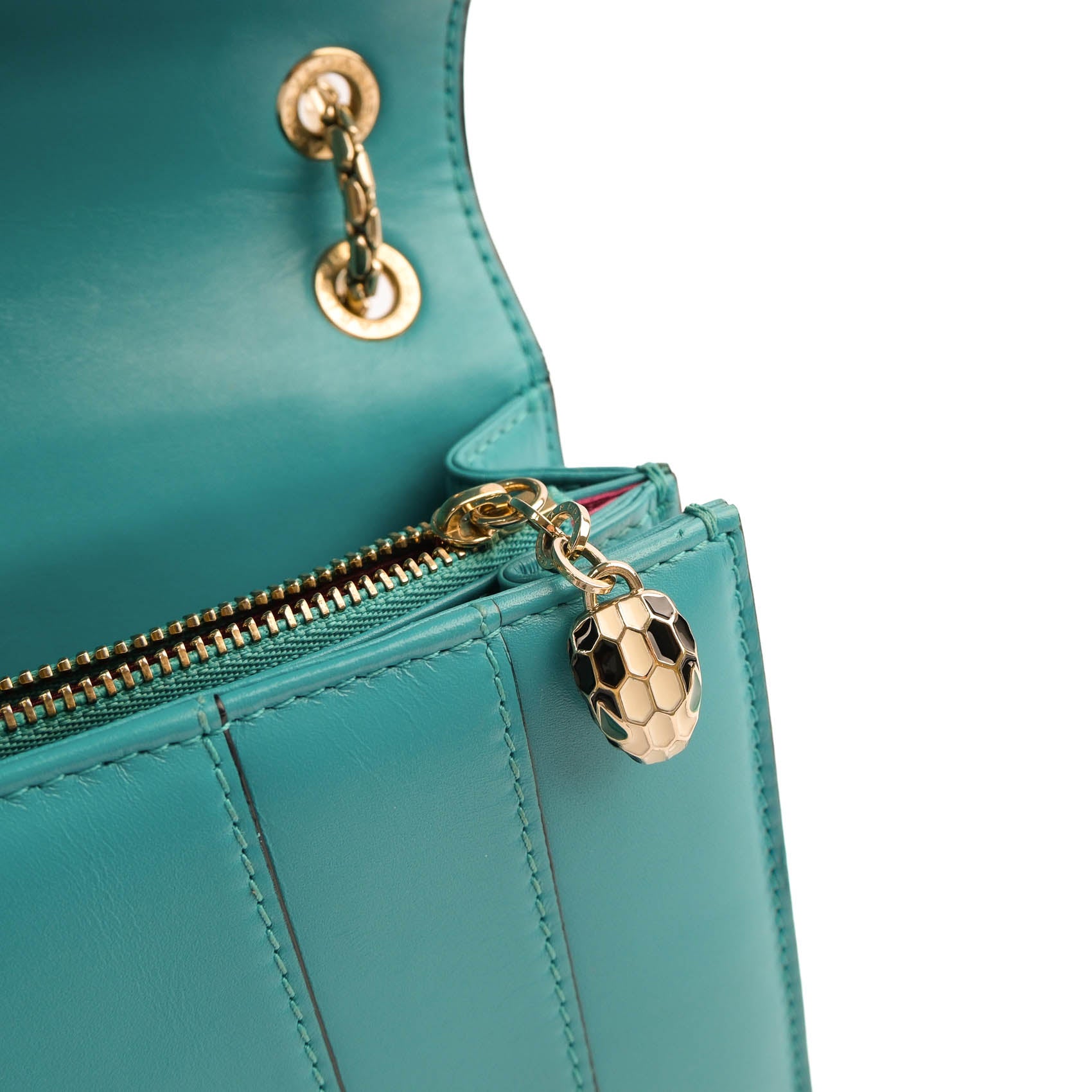 Bvlgari Serpenti Forever Large Chain Shoulder Bag Smooth Leather Teal Blue Gold Hardware