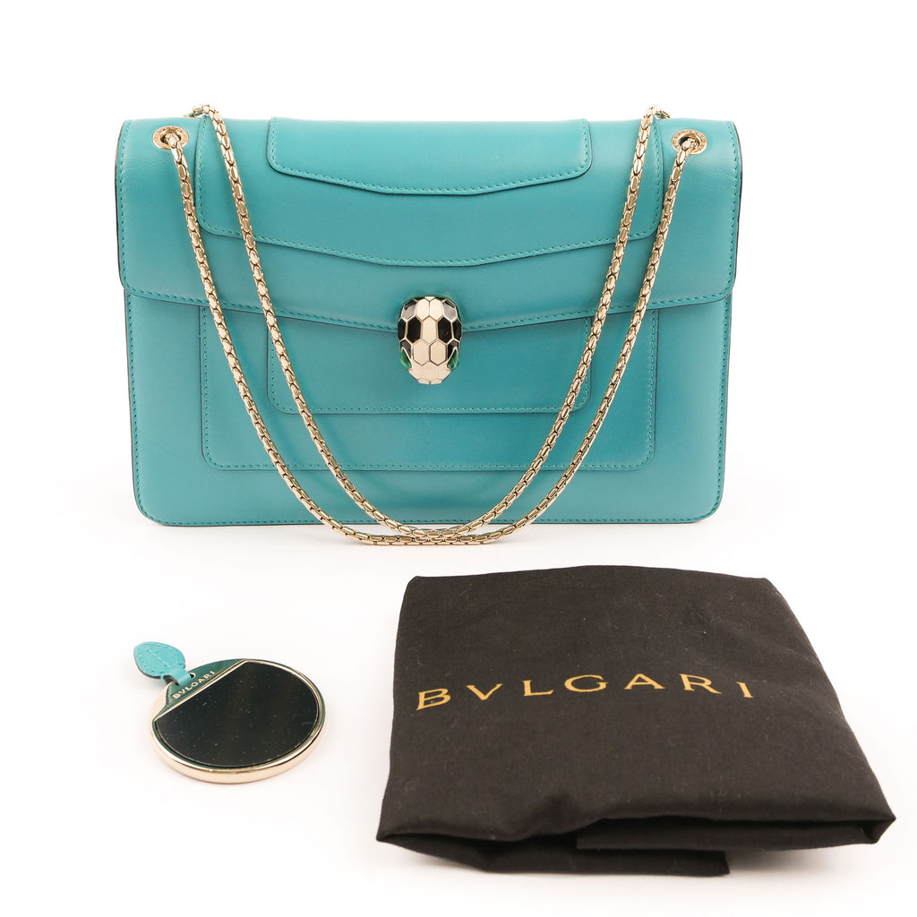 Bvlgari Serpenti Forever Large Chain Shoulder Bag Smooth Leather Teal Blue Gold Hardware