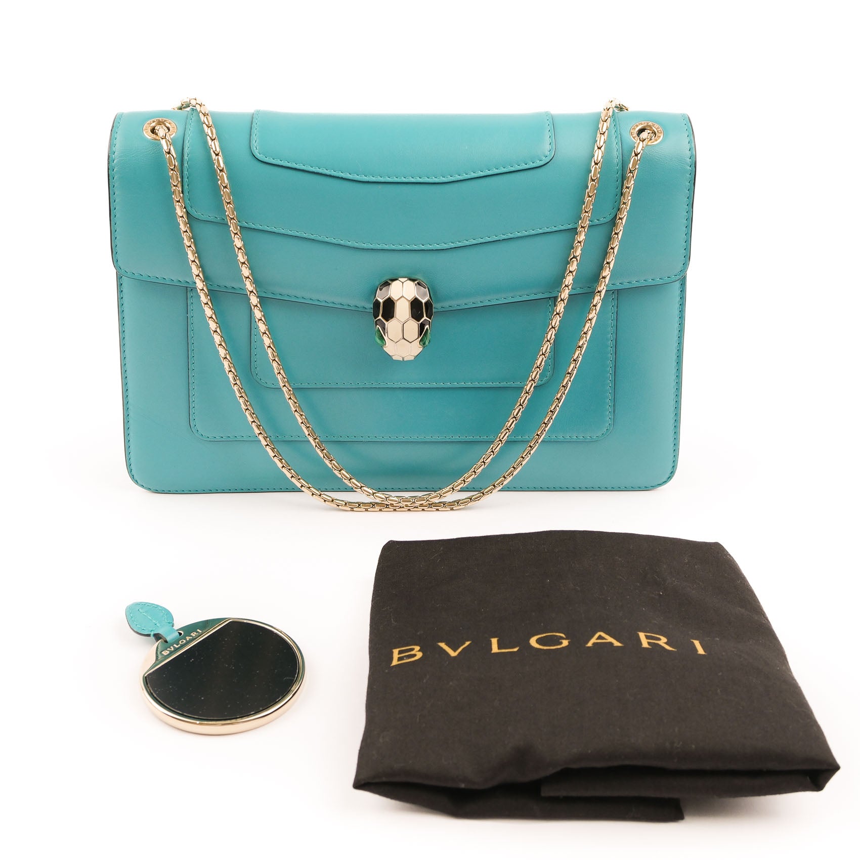 Bvlgari Serpenti Forever Large Chain Shoulder Bag Smooth Leather Teal Blue Gold Hardware