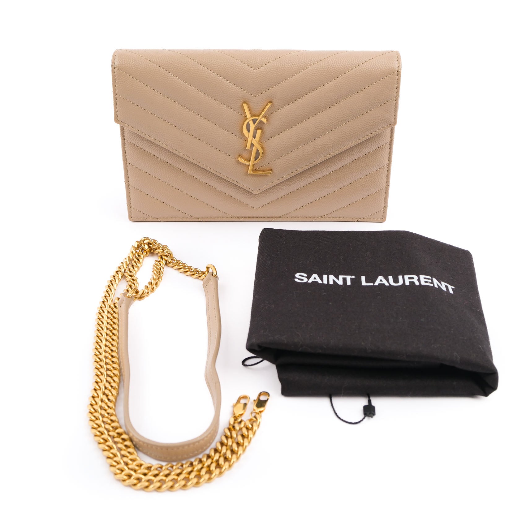 Saint Laurent Paris Monogram Envelope Shoulder Bag 354120 Chevron Leather Beige Gold Hardware