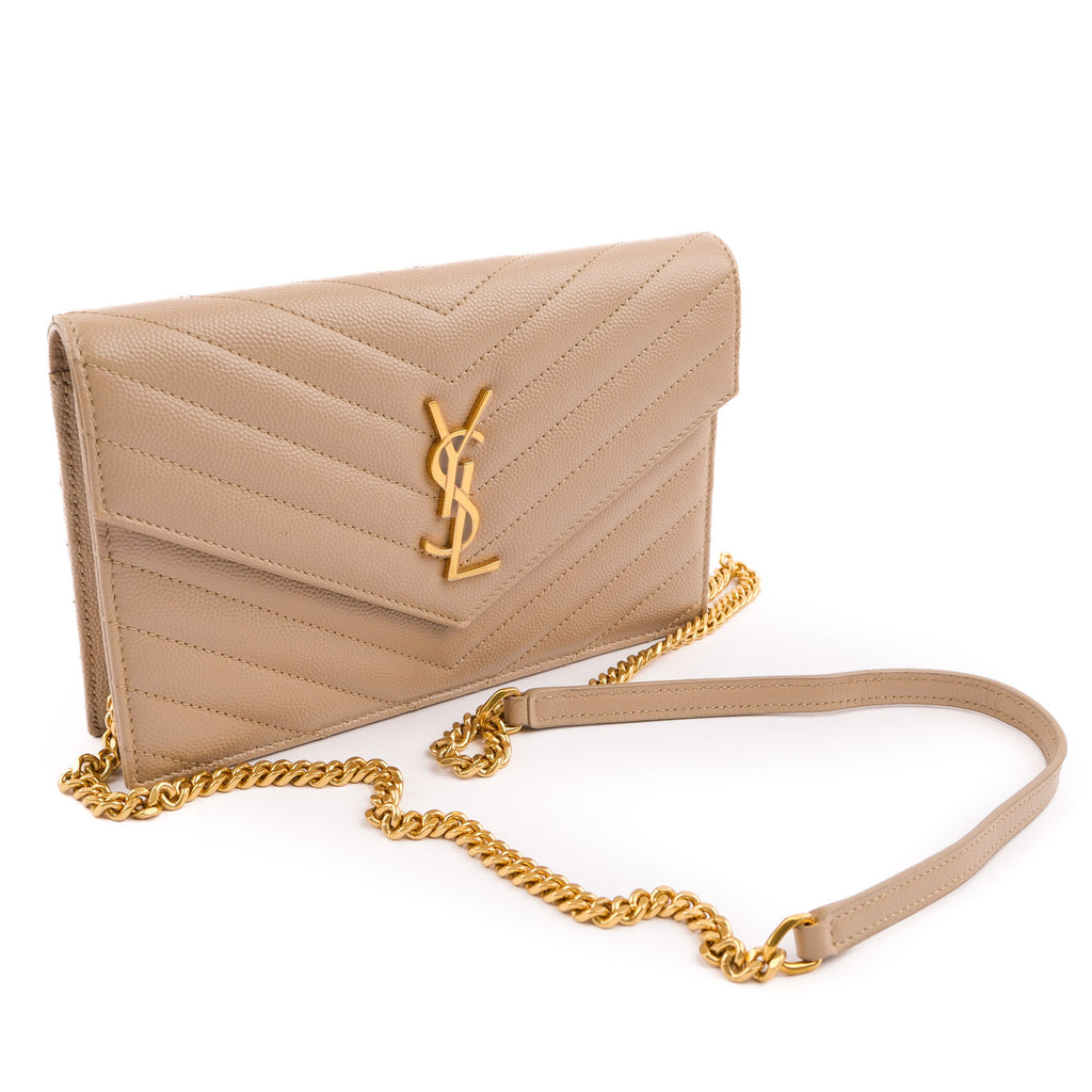 Saint Laurent Paris Monogram Envelope Shoulder Bag 354120 Chevron Leather Beige Gold Hardware