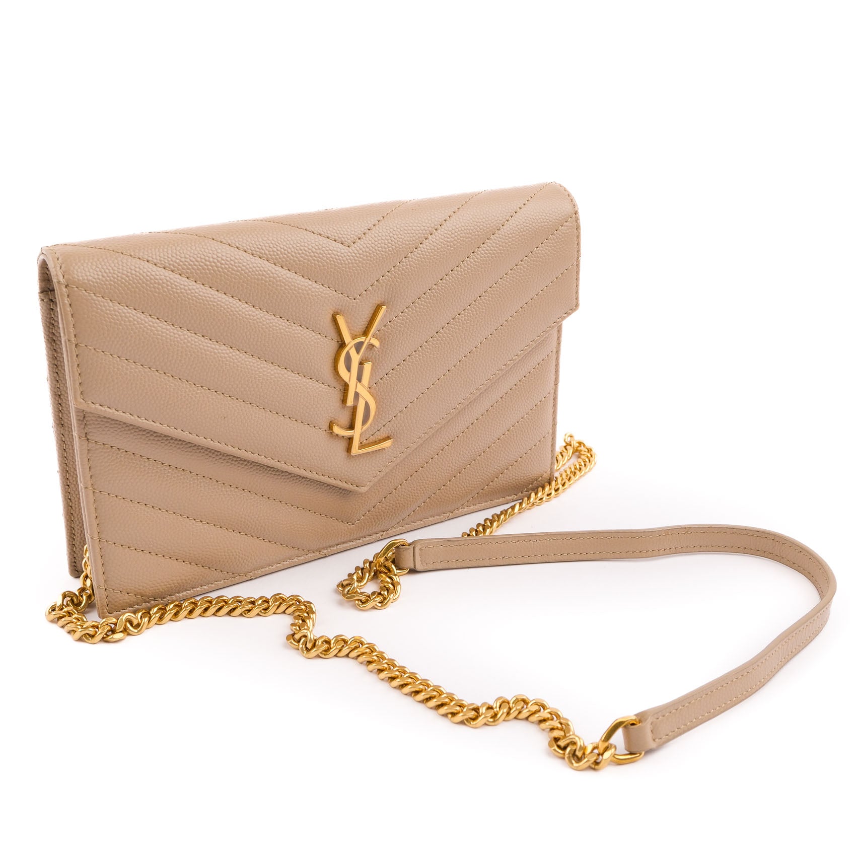 Saint Laurent Paris Monogram Envelope Shoulder Bag 354120 Chevron Leather Beige Gold Hardware