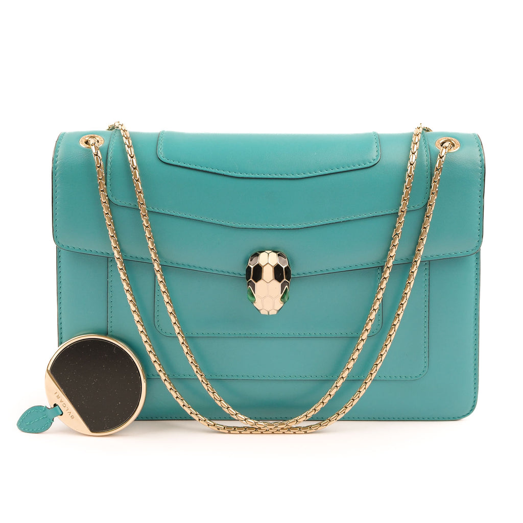 Bvlgari Serpenti Forever Large Chain Shoulder Bag Smooth Leather Teal Blue Gold Hardware