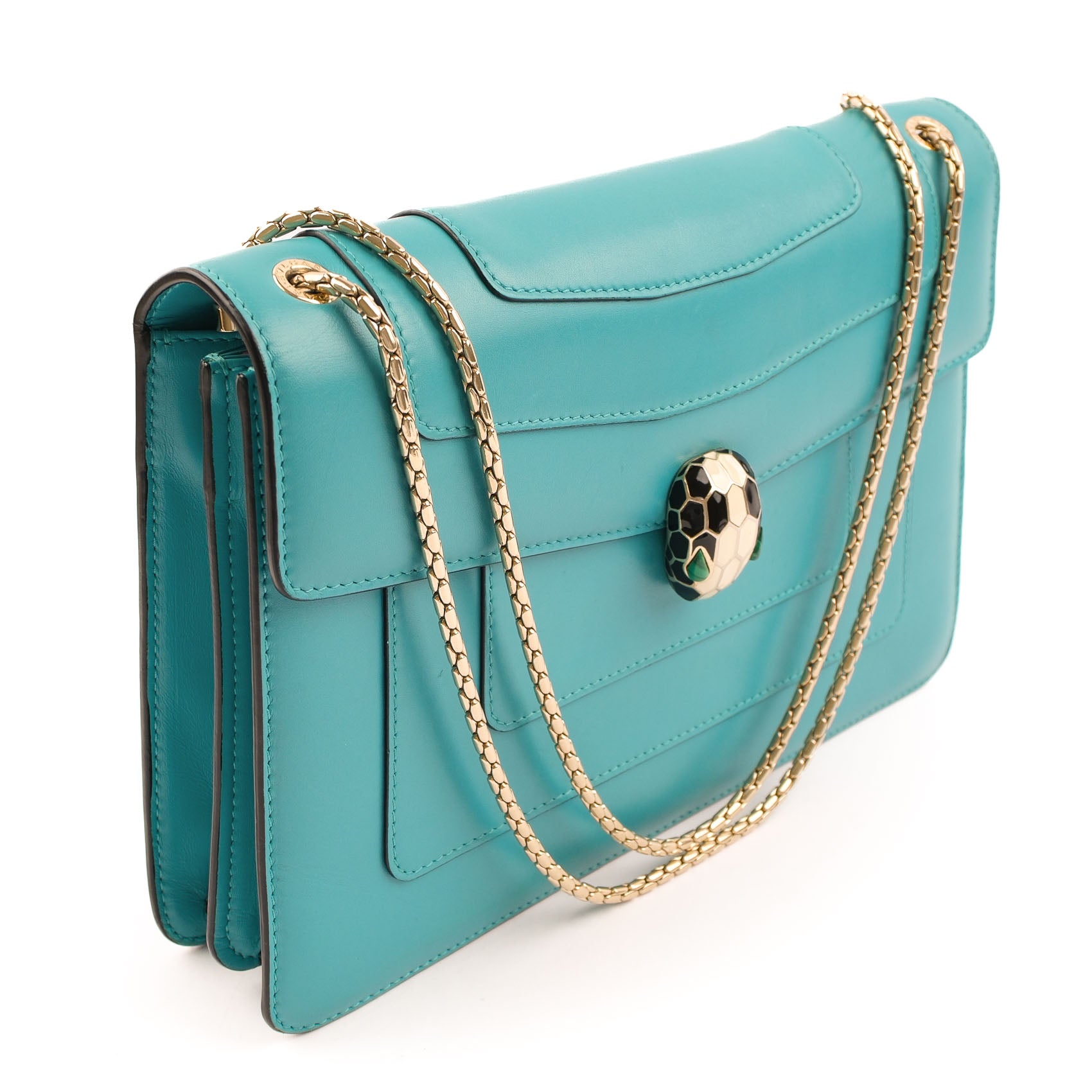 Bvlgari Serpenti Forever Large Chain Shoulder Bag Smooth Leather Teal Blue Gold Hardware