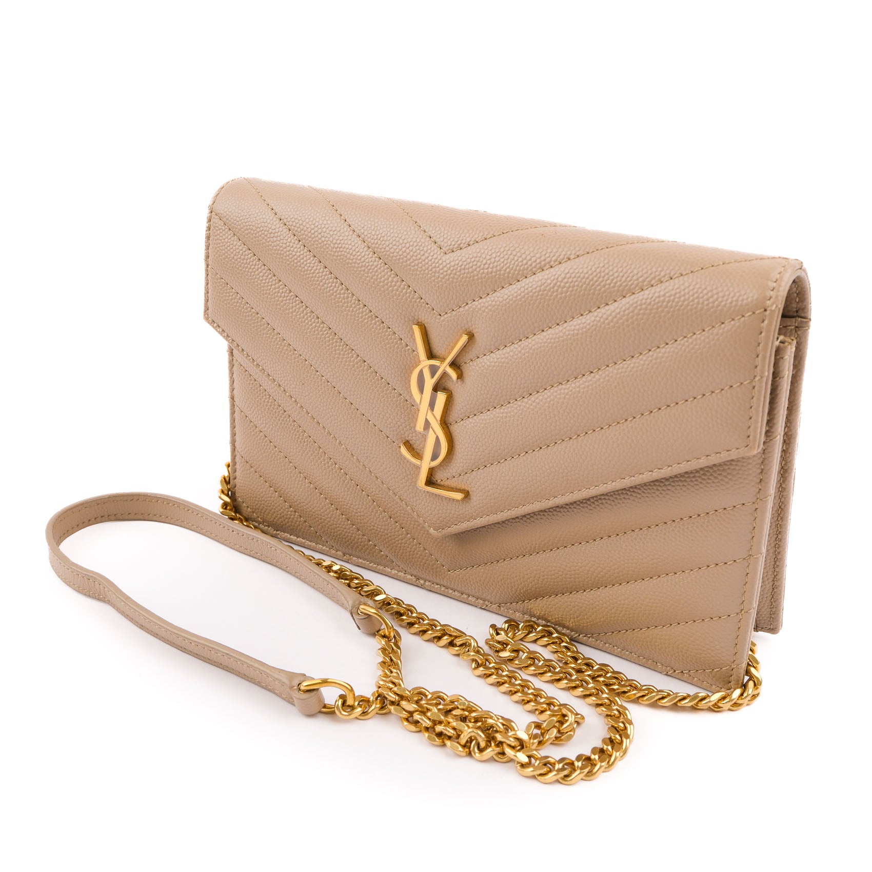 Saint Laurent Paris Monogram Envelope Shoulder Bag 354120 Chevron Leather Beige Gold Hardware