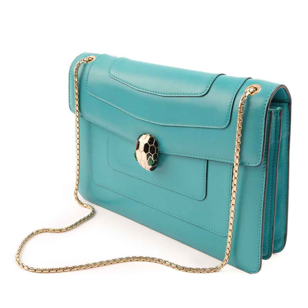 Bvlgari Serpenti Forever Large Chain Shoulder Bag Smooth Leather Teal Blue Gold Hardware