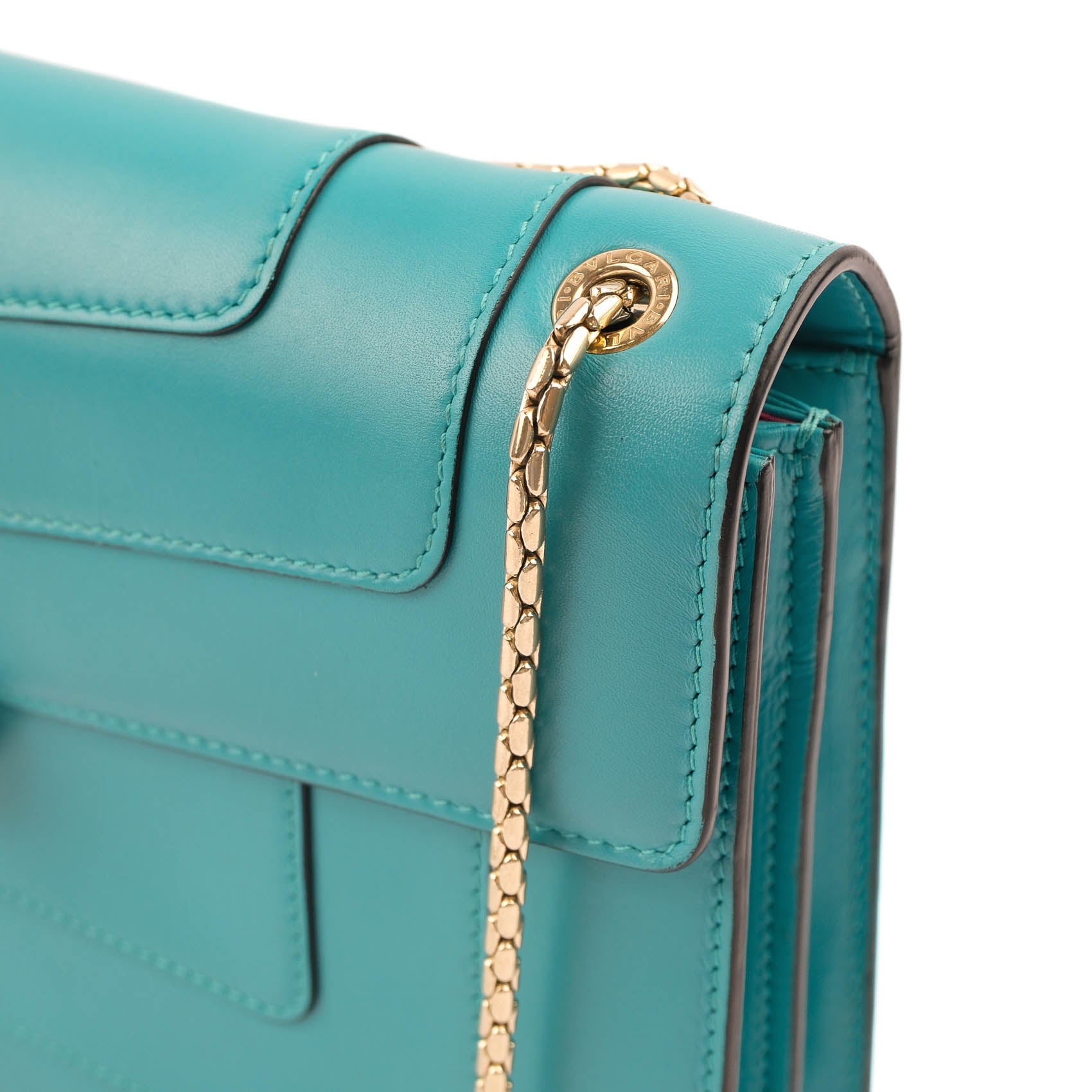 Bvlgari Serpenti Forever Large Chain Shoulder Bag Smooth Leather Teal Blue Gold Hardware