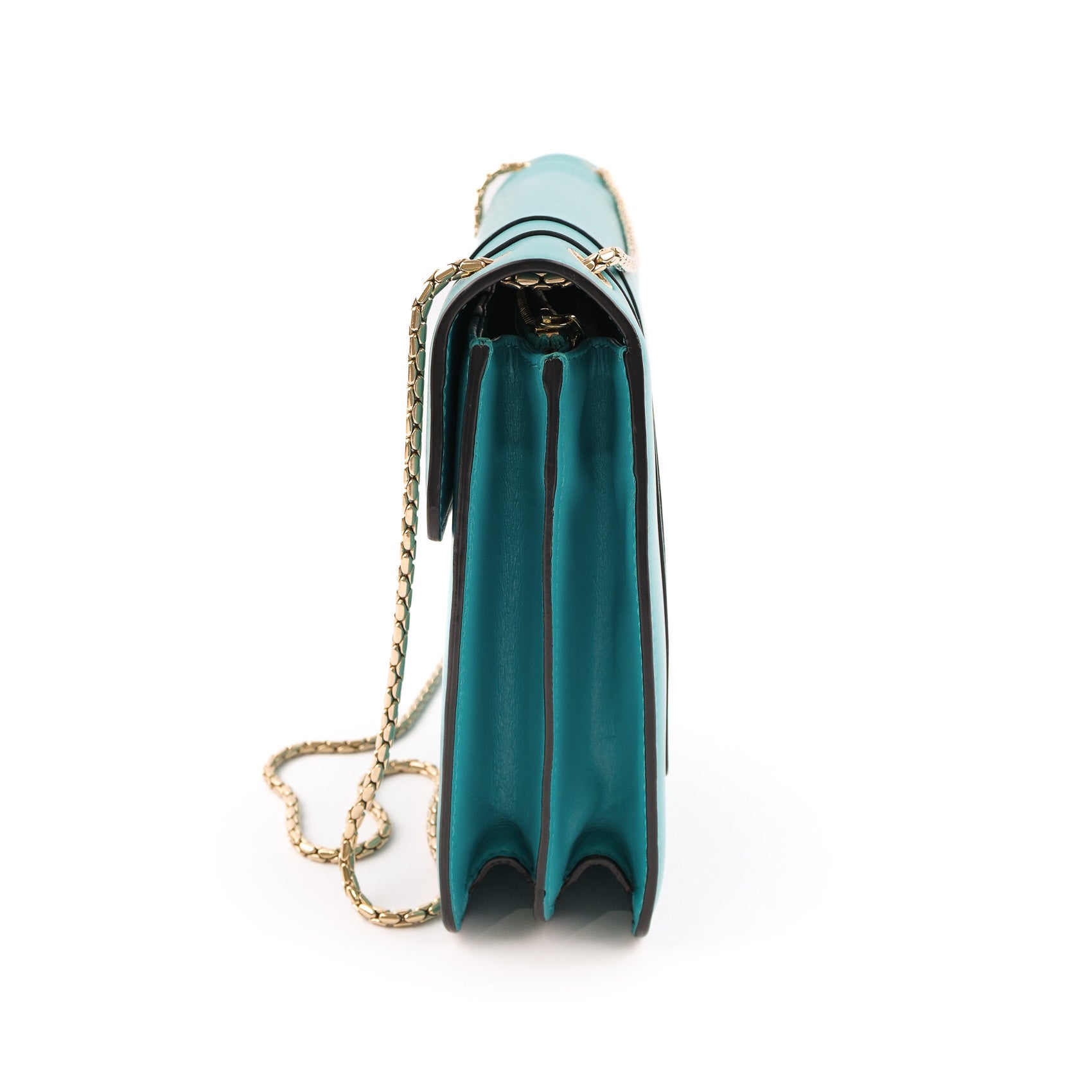 Bvlgari Serpenti Forever Large Chain Shoulder Bag Smooth Leather Teal Blue Gold Hardware
