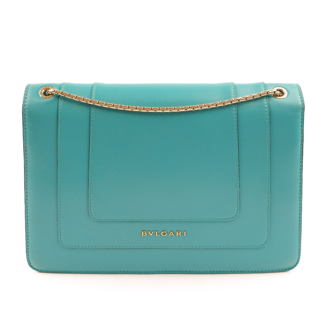 Bvlgari Serpenti Forever Large Chain Shoulder Bag Smooth Leather Teal Blue Gold Hardware