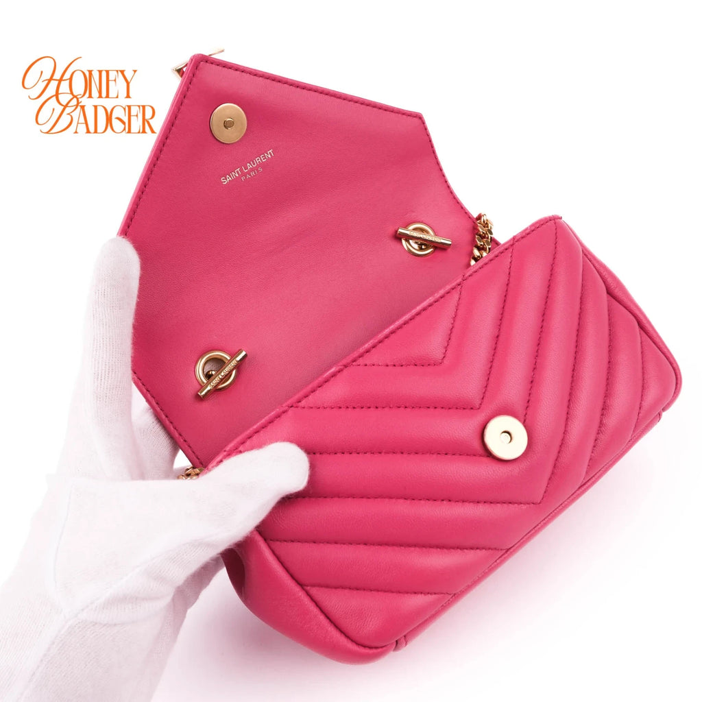 Saint Laurent Monogram Mini Chain Shoulder Bag Pink Leather Silver Hardware