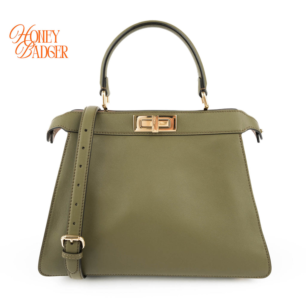 Fendi Peekaboo ISeeU Medium Olive Green Leather Gold Hardware 2WAY Bag 8BN321