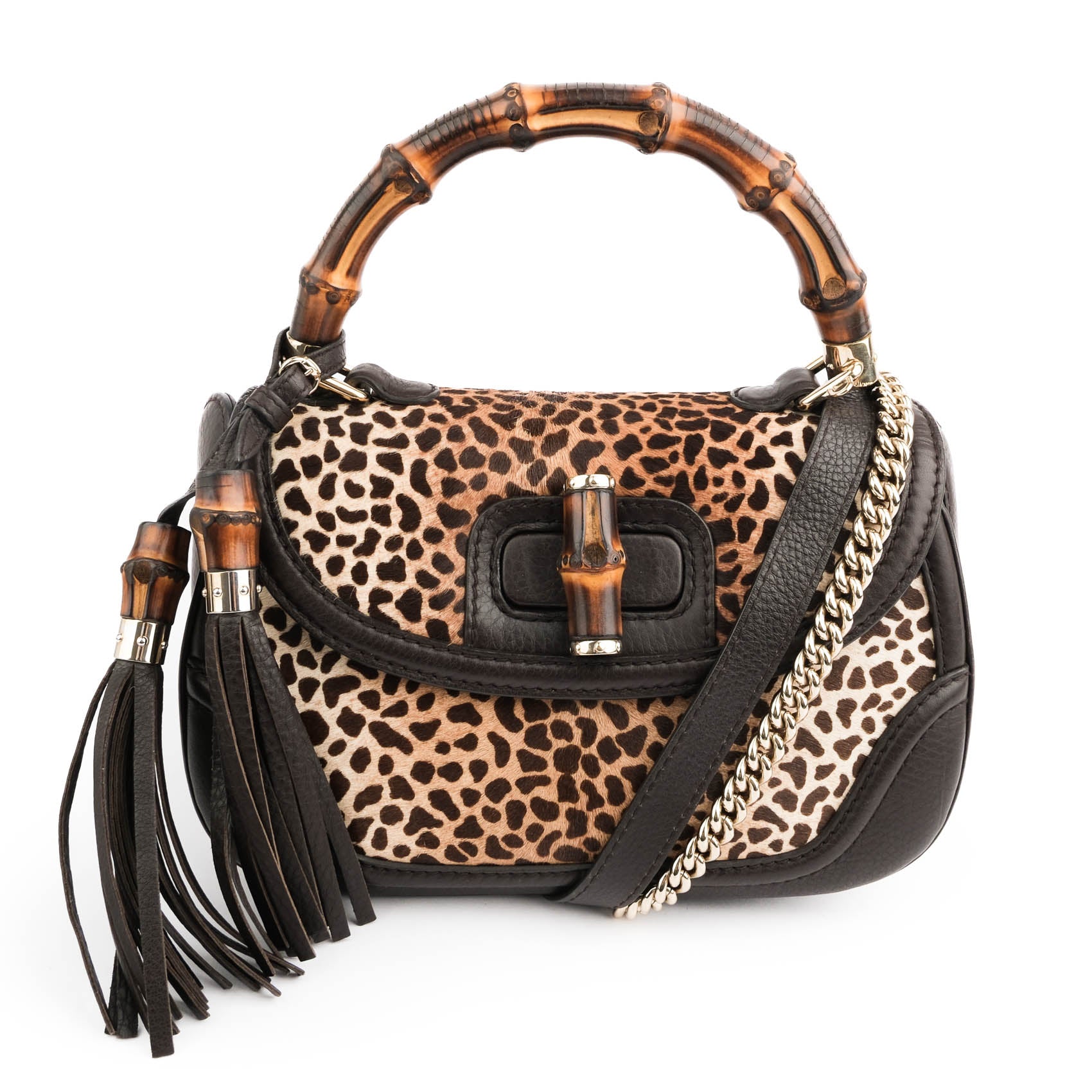 Gucci Bamboo Leopard Hair-Calf 2WAY Top Handle Bag