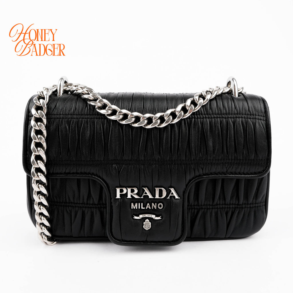 Prada Nappa Gaufre Pattina Flap Chain Shoulder Bag Black Leather Silver Hardware