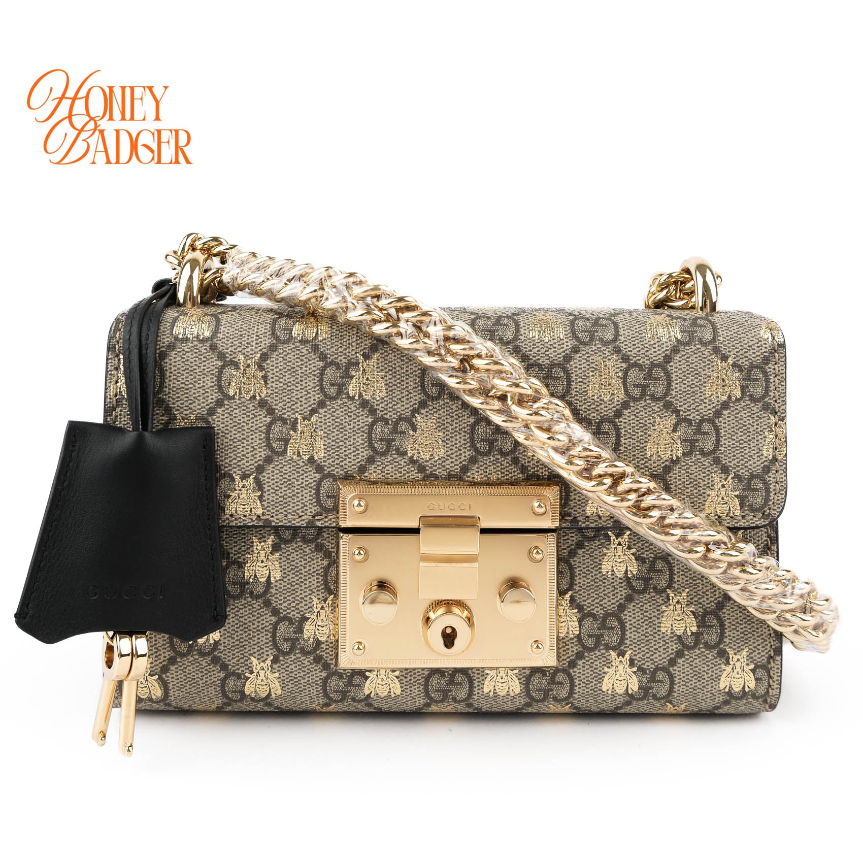 Gucci Padlock Small Shoulder Bag 409487 GG Supreme Gold Bee Print Beige Black