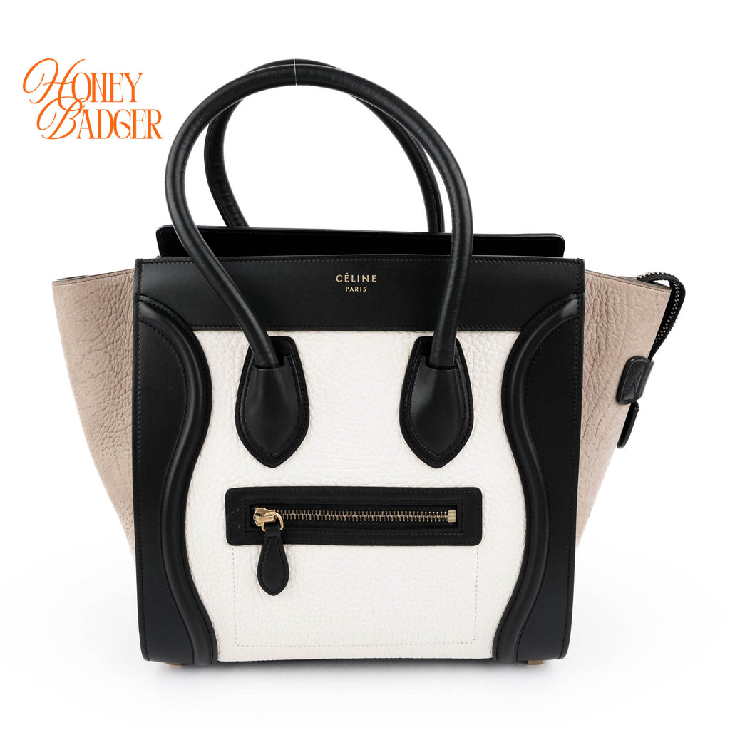 Celine Micro Luggage Tote Tricolor White Black Beige Leather Handbag