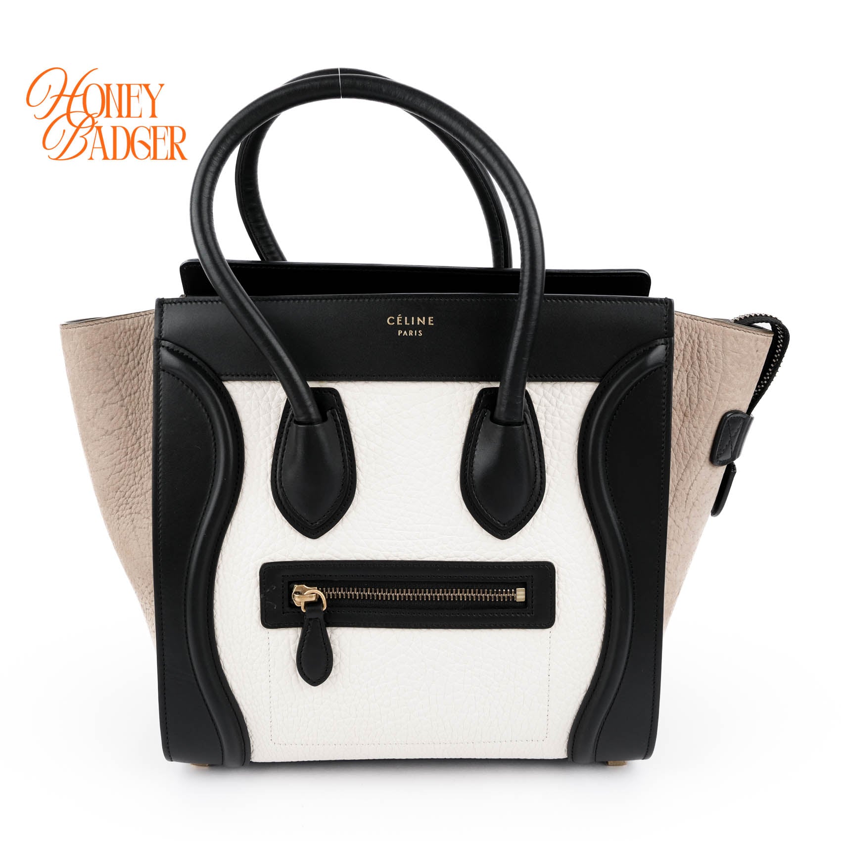 Celine Micro Luggage Tote Tricolor White Black Beige Leather Handbag