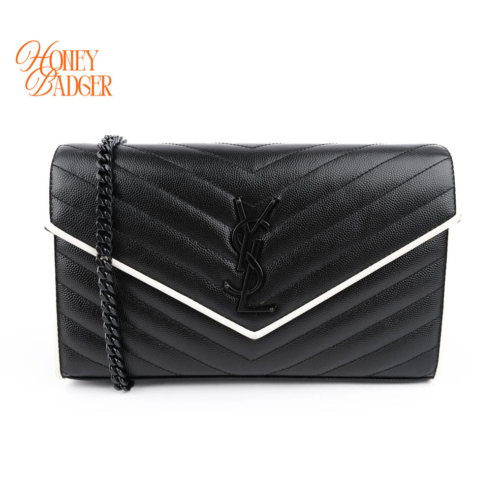 Saint Laurent Large Envelope Bag in Mix Matelassé Grain de Poudre Embossed Leather with White Piping and Black Hardware