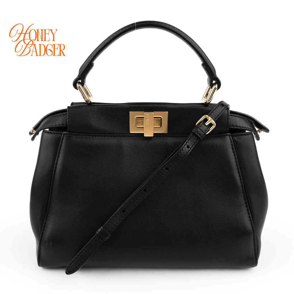 Fendi Peekaboo Mini 2Way Handbag Black Smooth Leather Gold Hardware