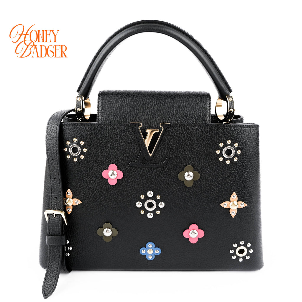 Louis Vuitton Capucines PM M54311 Black Taurillon Leather Monogram Flower Studs 2-Way Handbag RFID