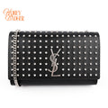 Saint Laurent Kate Medium Chain Shoulder Bag Black Grained Leather Round Studs Silver Hardware YSL Logo