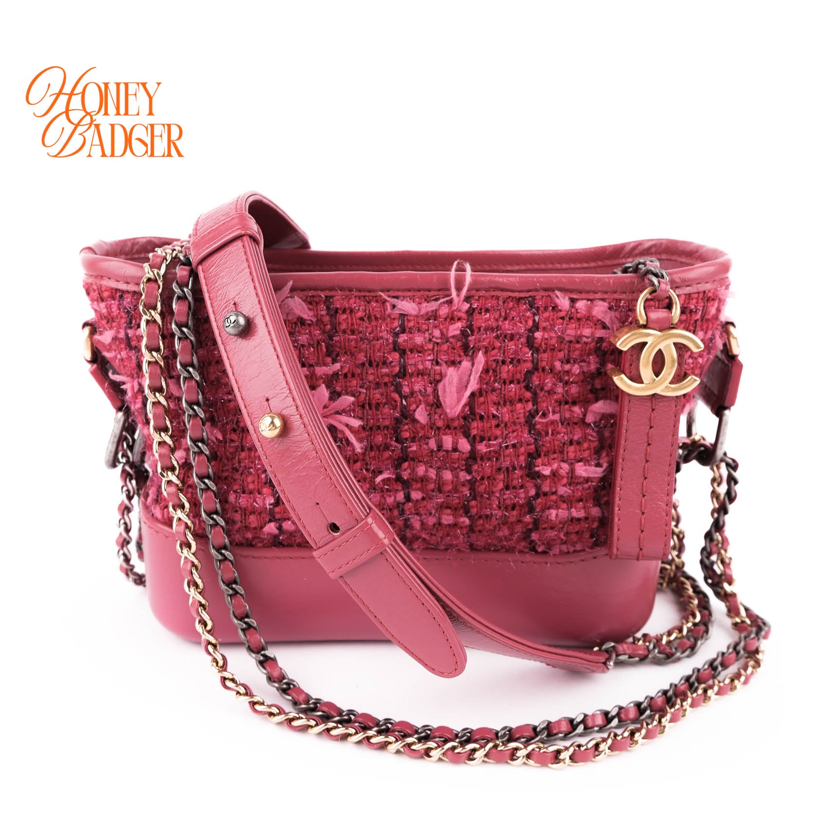 Chanel Gabrielle Small Hobo Bag A91810 Pink Tweed Calfskin Leather Mixed Hardware CC Logo Crossbody Chain Shoulder