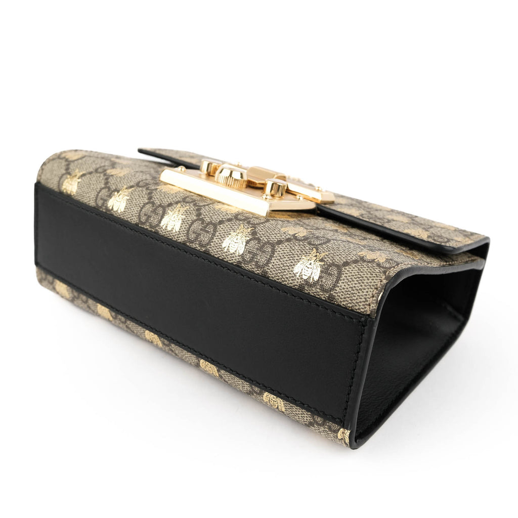 Gucci Padlock Small Shoulder Bag 409487 GG Supreme Gold Bee Print Beige Black