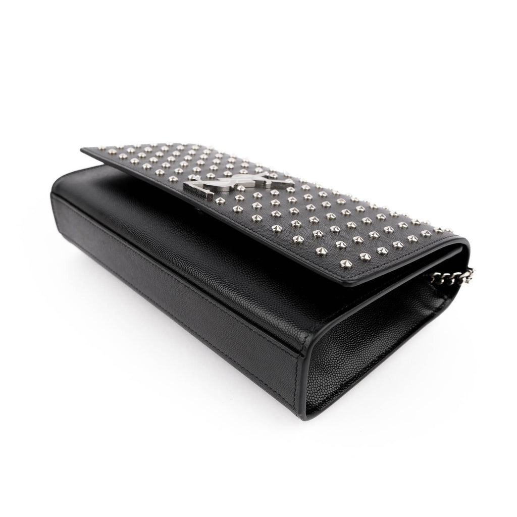 Saint Laurent Kate Medium Chain Shoulder Bag Black Grained Leather Round Studs Silver Hardware YSL Logo