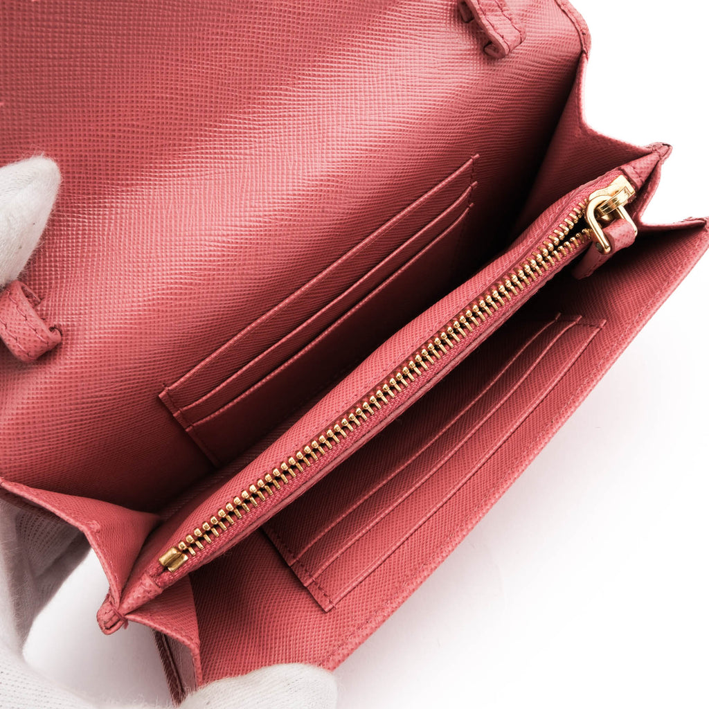 Prada Saffiano Leather Wallet with Shoulder Strap 2way Bag Pink Gold Hardware