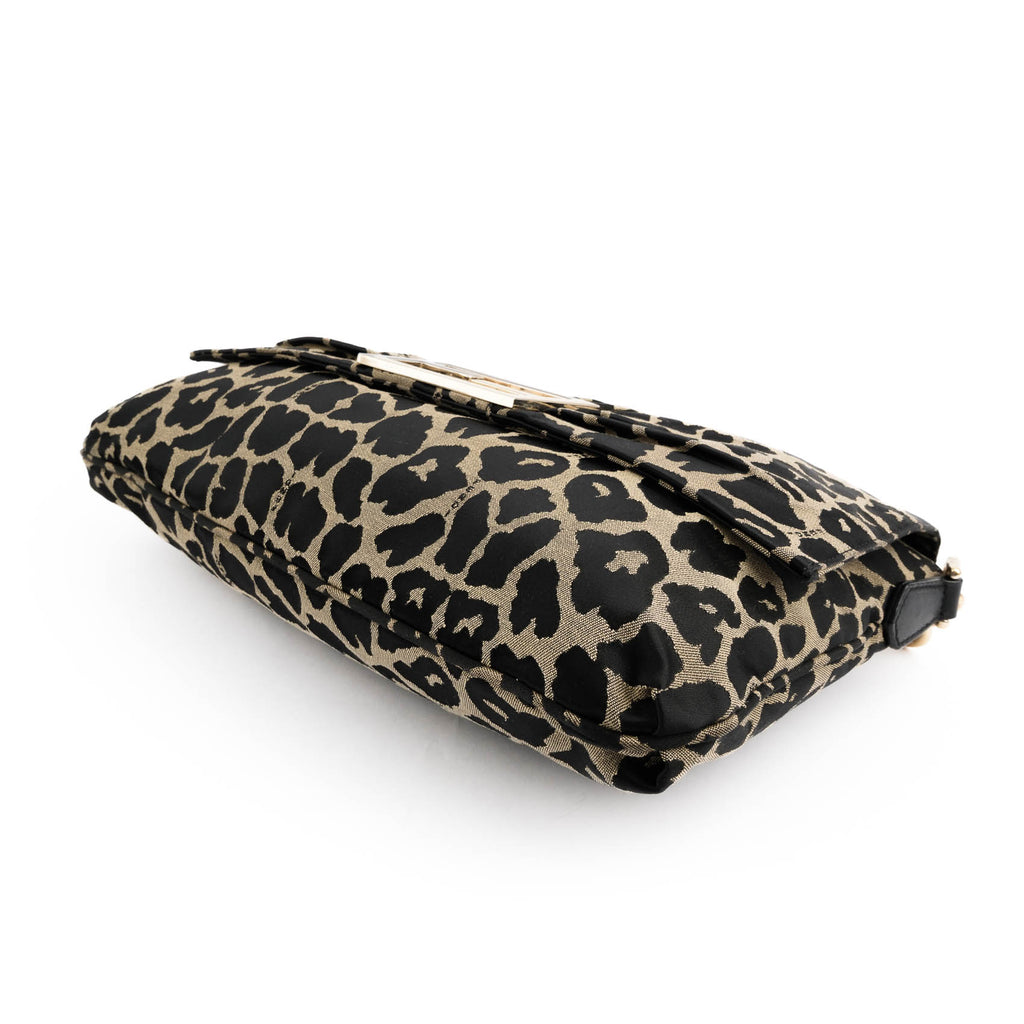 Fendi Large Baguette Leopard Canvas Shoulder Bag with Gold Hardware