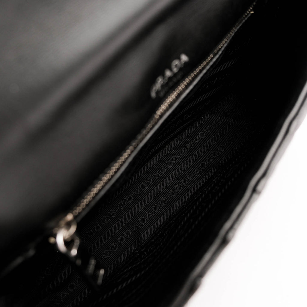 Prada Nappa Gaufre Pattina Flap Chain Shoulder Bag Black Leather Silver Hardware