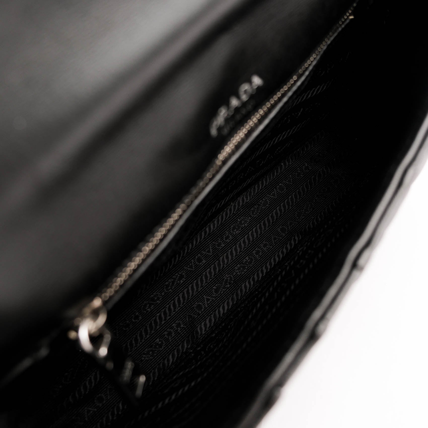 Prada Nappa Gaufre Pattina Flap Chain Shoulder Bag Black Leather Silver Hardware