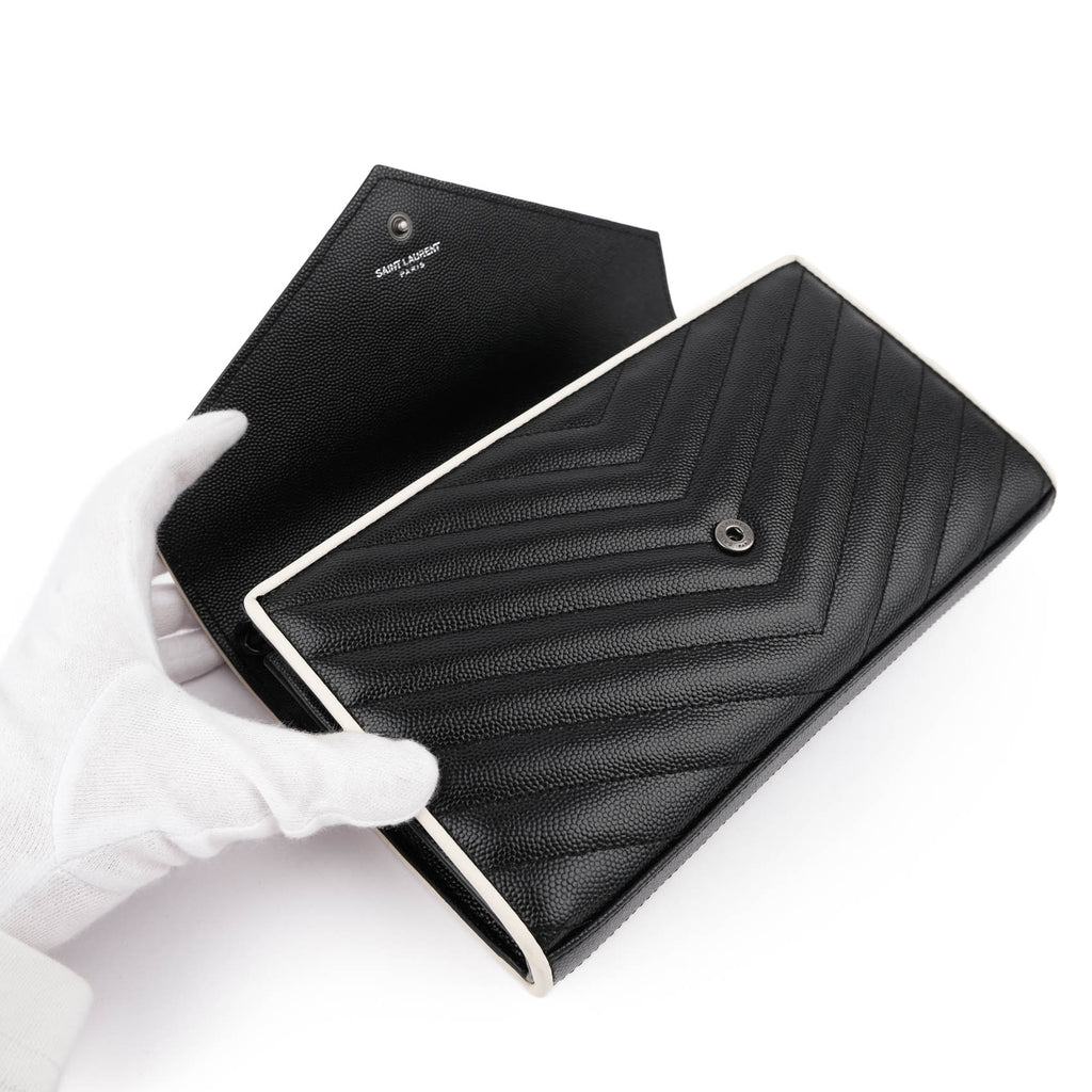 Saint Laurent Large Envelope Bag in Mix Matelassé Grain de Poudre Embossed Leather with White Piping and Black Hardware