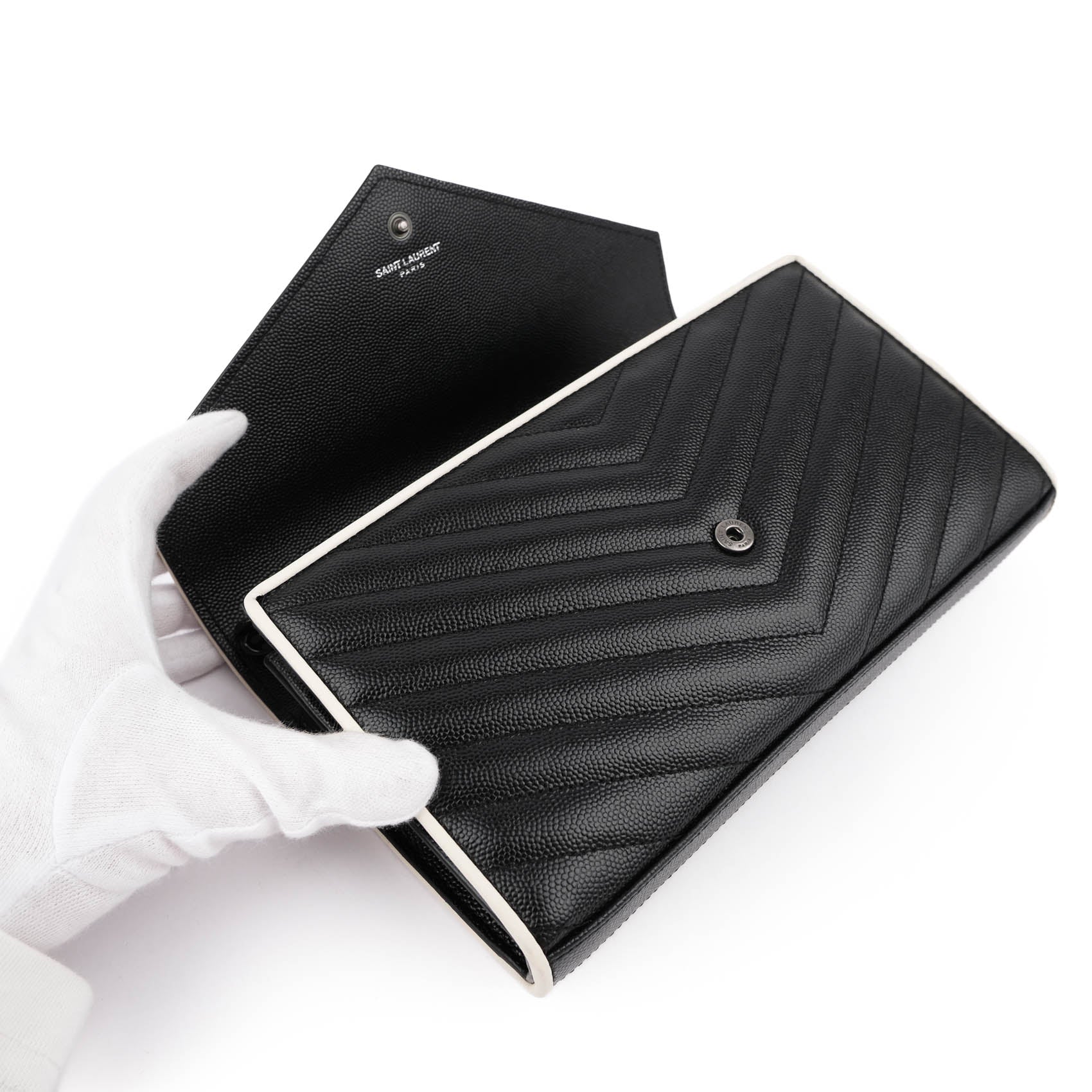 Saint Laurent Large Envelope Bag in Mix Matelassé Grain de Poudre Embossed Leather with White Piping and Black Hardware