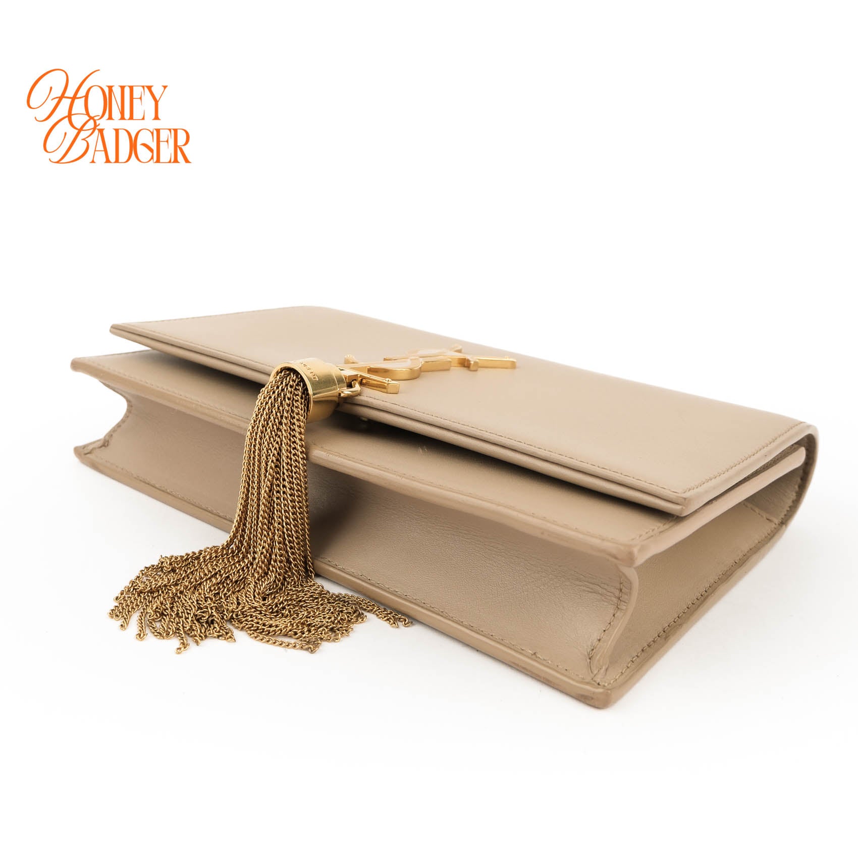 Saint Laurent Paris Kate Tassel Chain Wallet 452159 Smooth Leather Beige Gold Hardware