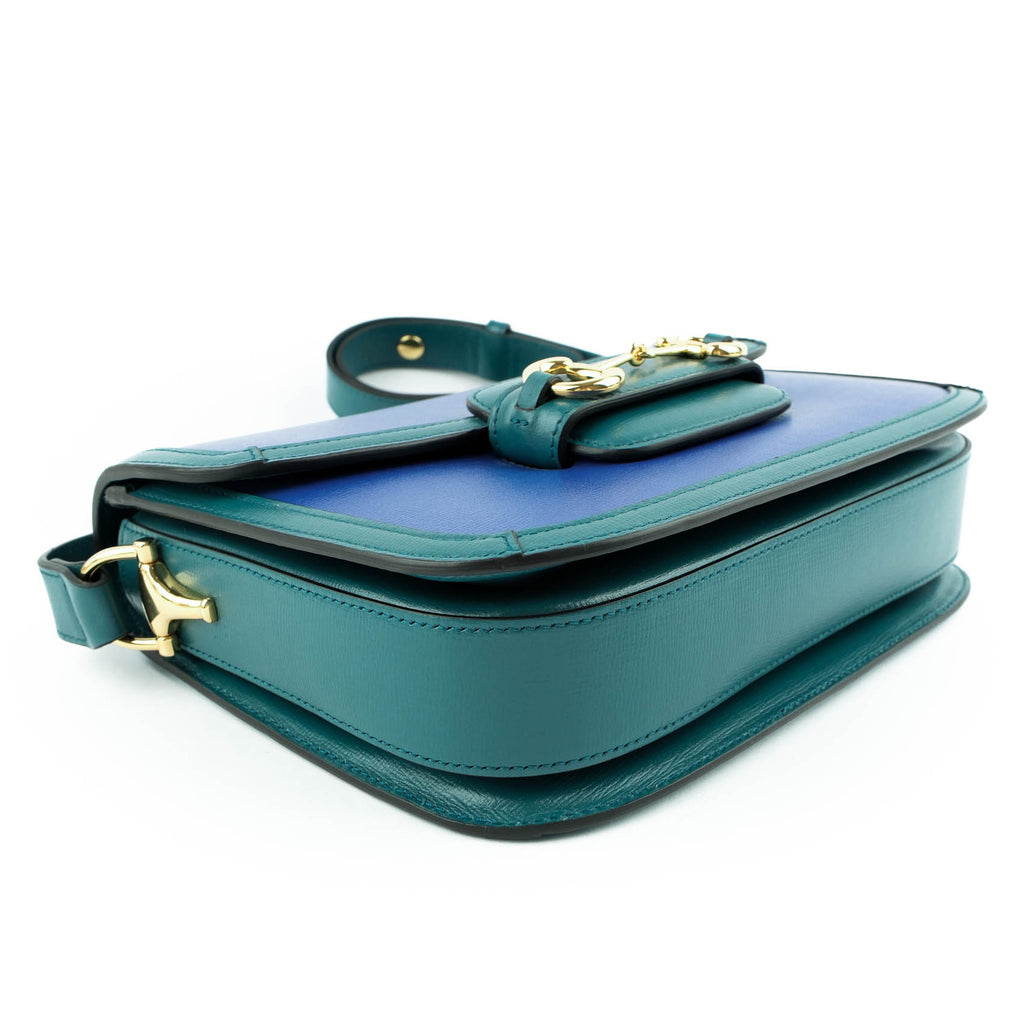 Gucci Horsebit 1955 Small Shoulder Bag in Imperial Blue and Pavone Green Leather