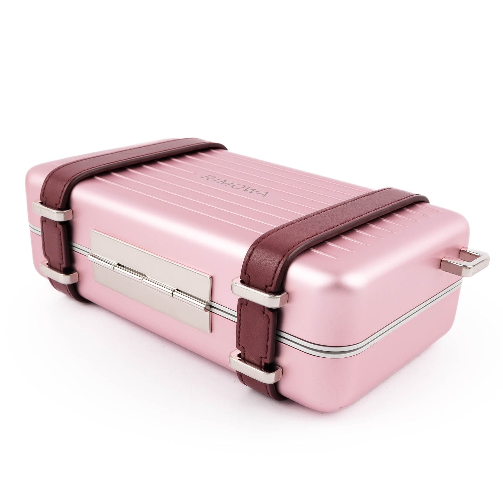 DIOR AND RIMOWA Personal Clutch on Strap in Rose Aluminum and Burgundy Leather