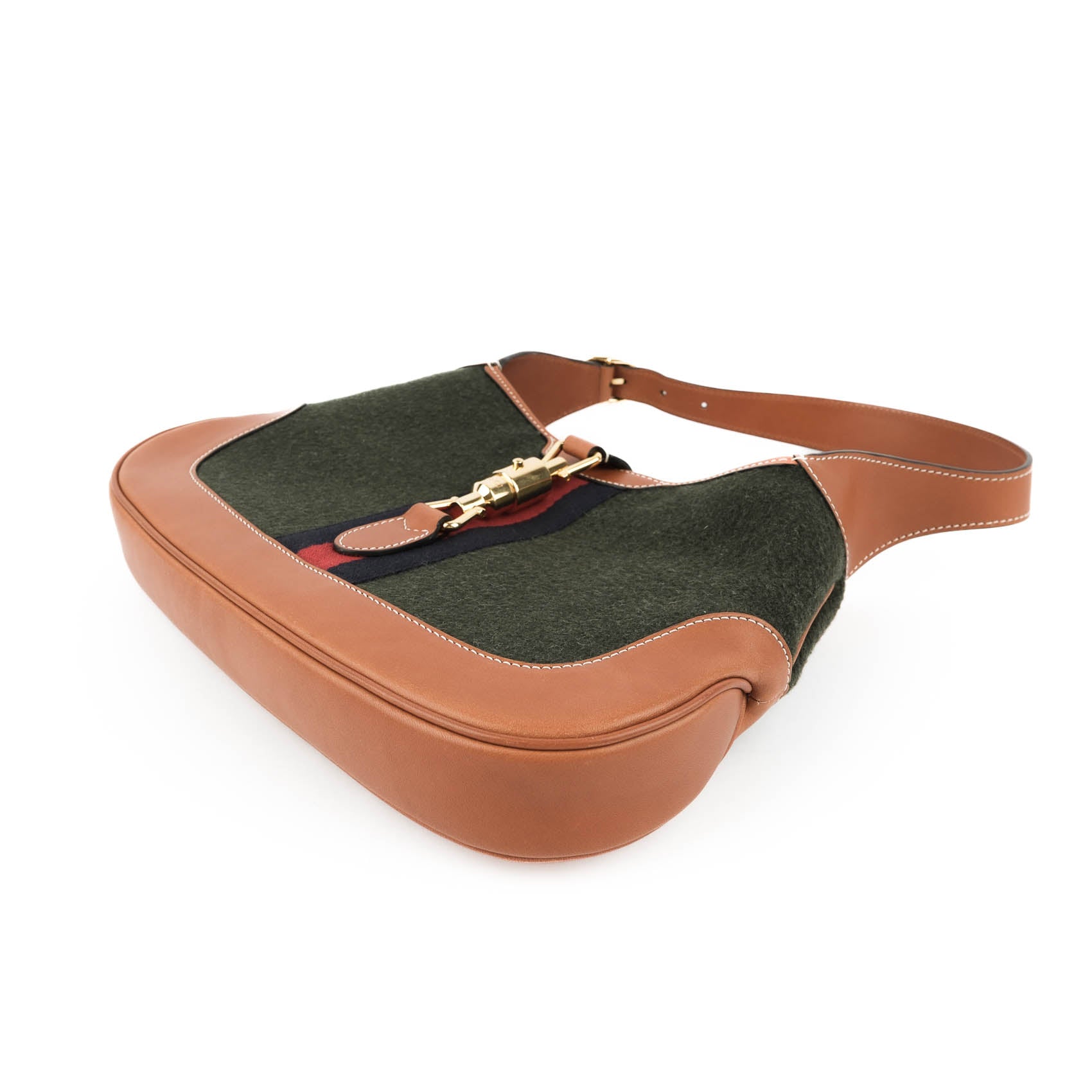 Gucci Jackie 1961 Small Shoulder Bag in Green Felt and Brown Leather