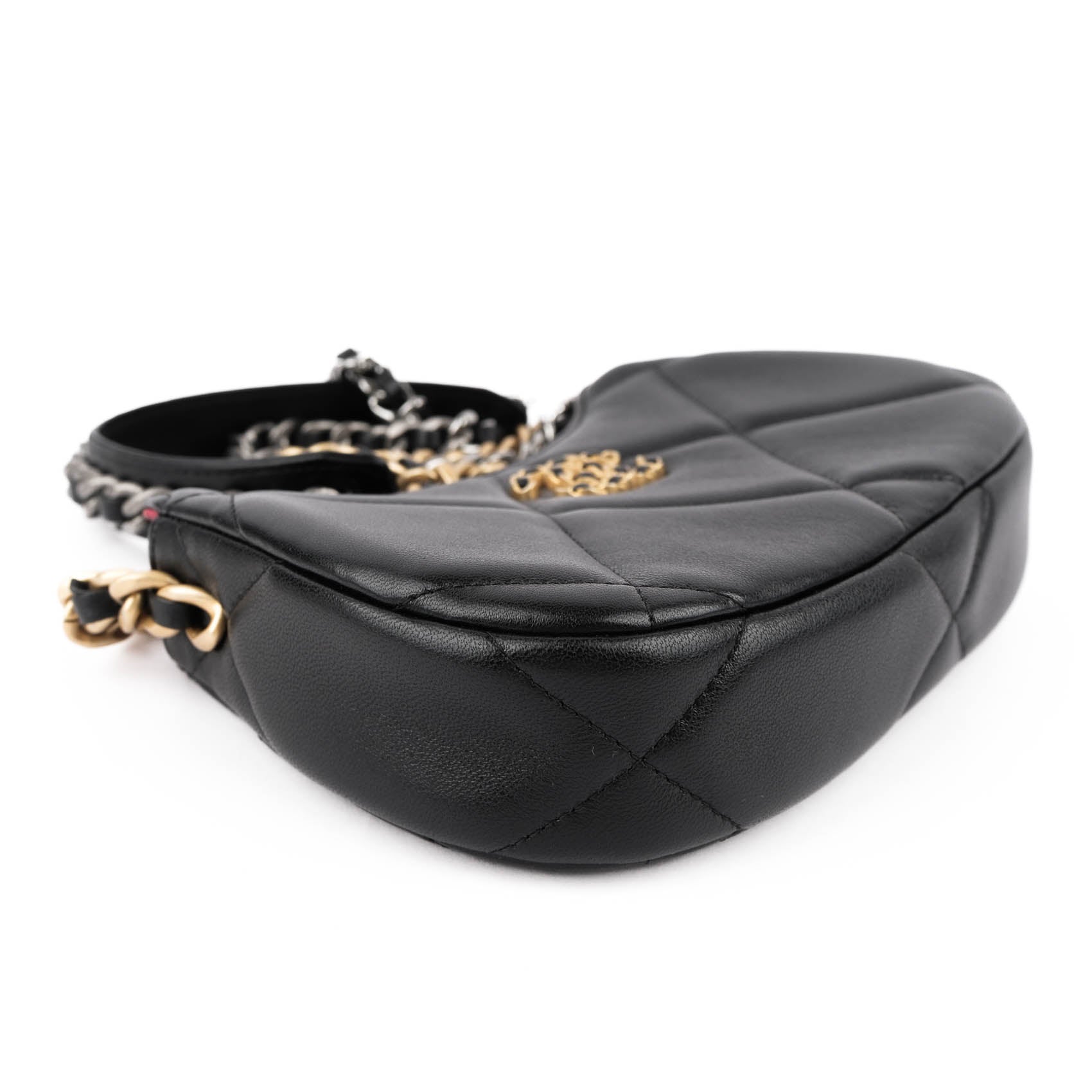 CHANEL 19 Small Zip Chain Shoulder Bag Black Lambskin Mixed Metal Hardware RFID Full Set
