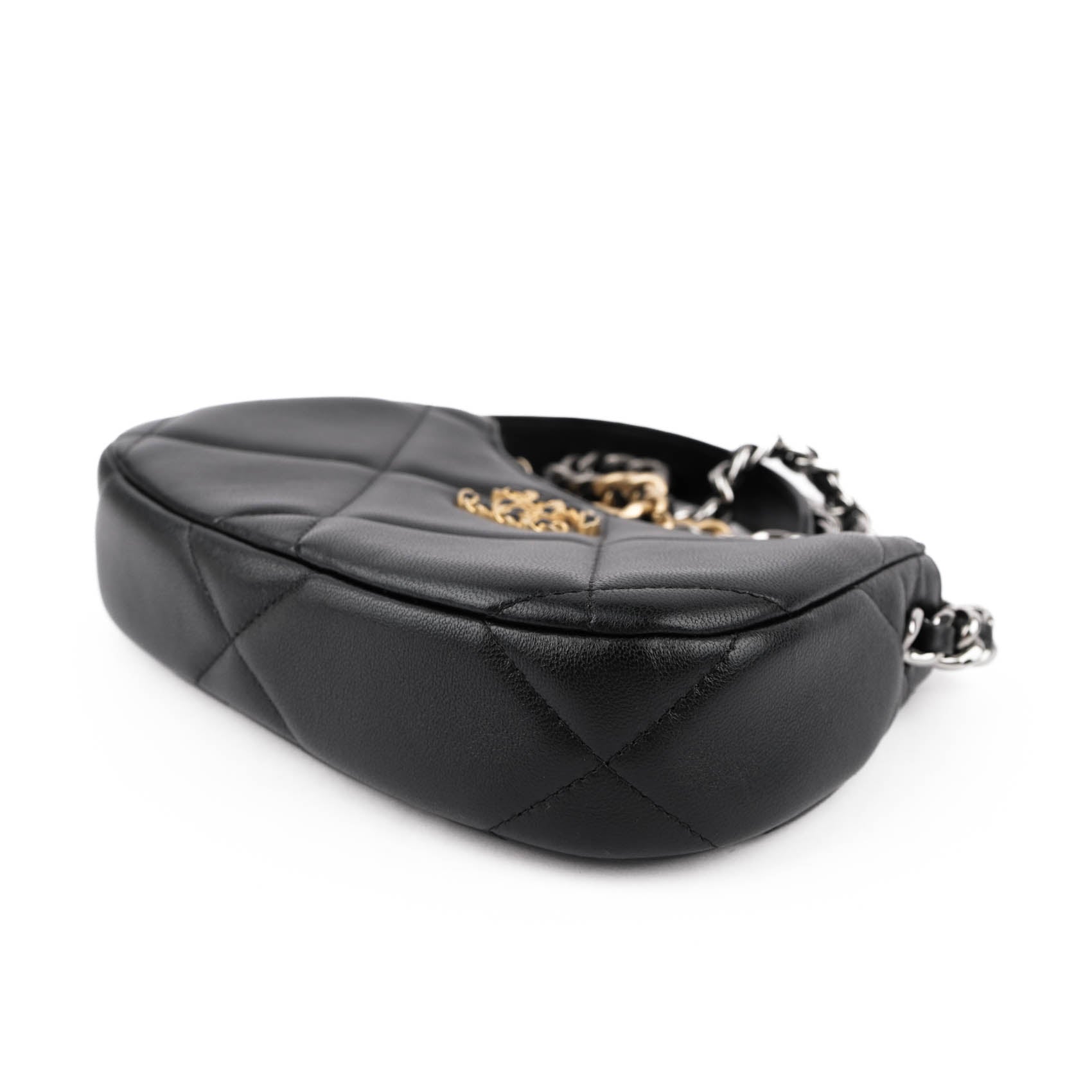 CHANEL 19 Small Zip Chain Shoulder Bag Black Lambskin Mixed Metal Hardware RFID Full Set