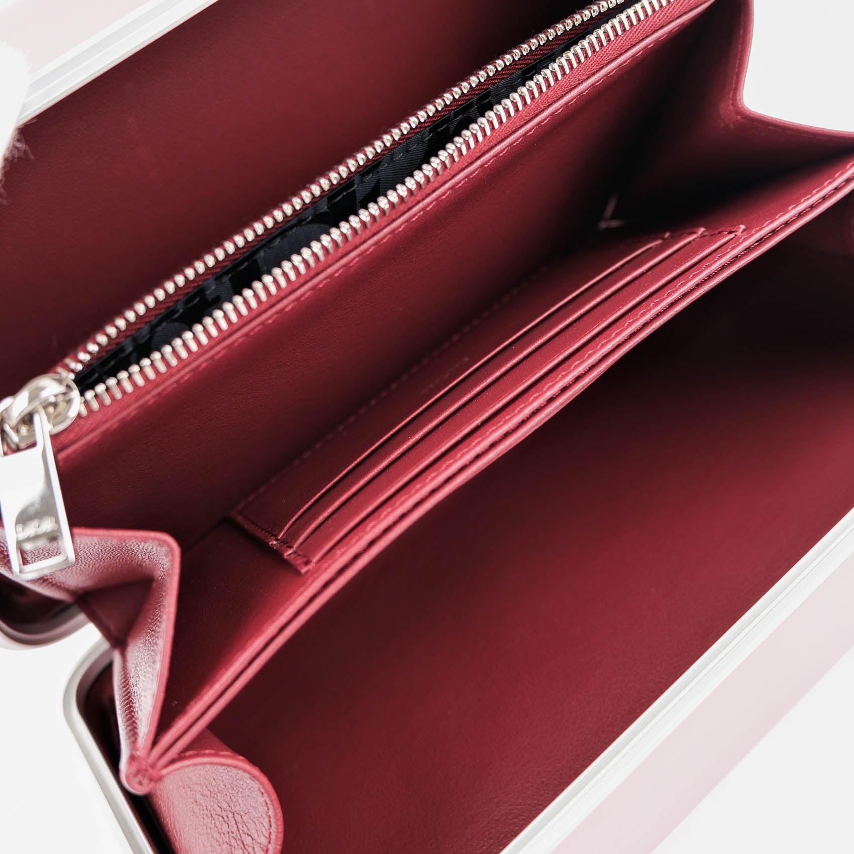 DIOR AND RIMOWA Personal Clutch on Strap in Rose Aluminum and Burgundy Leather