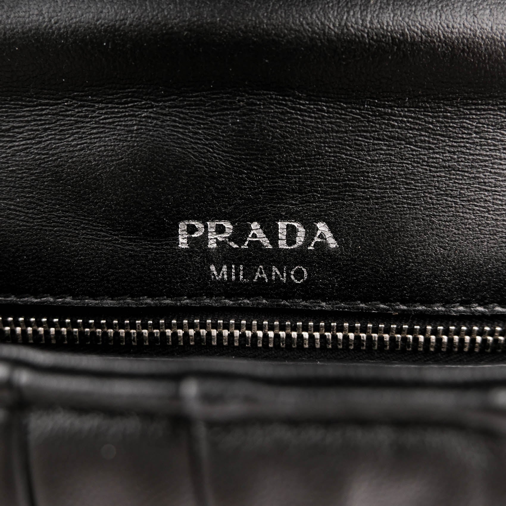 Prada Nappa Gaufre Pattina Flap Chain Shoulder Bag Black Leather Silver Hardware