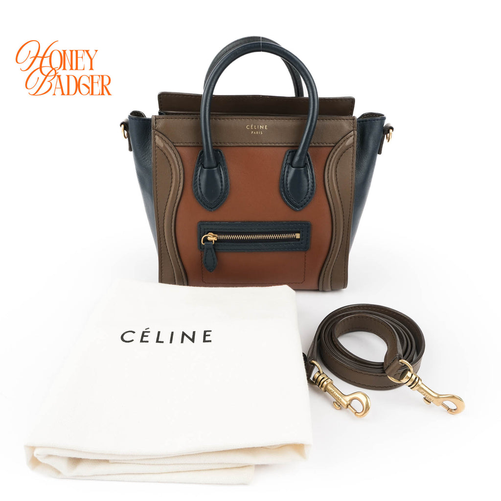 Authentic Celine Luggage Nano Tricolor | Brown, Navy & Taupe Leather Crossbody Bag