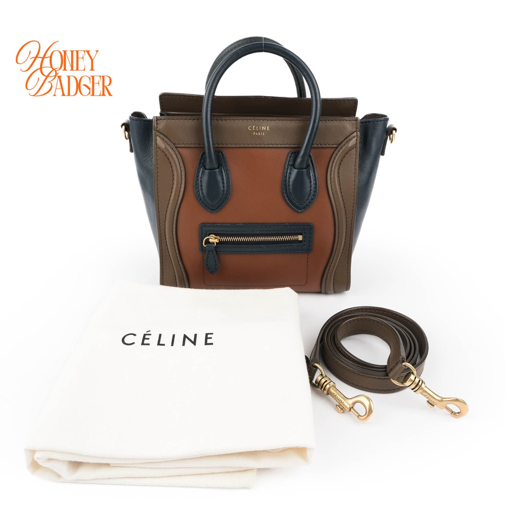 Authentic Celine Luggage Nano Tricolor | Brown, Navy & Taupe Leather Crossbody Bag