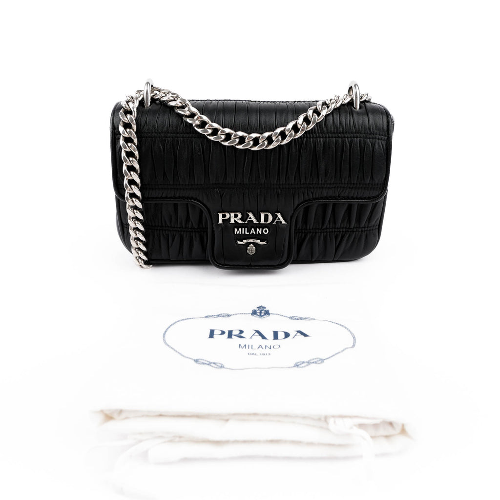 Prada Nappa Gaufre Pattina Flap Chain Shoulder Bag Black Leather Silver Hardware