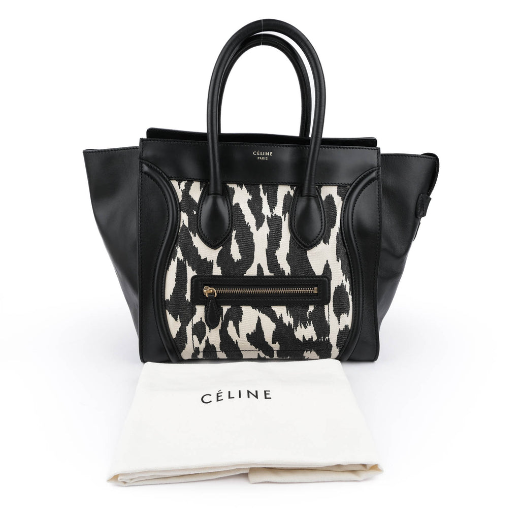 Celine Old Logo Luggage Large Shopper Tote Bag Abstract Leopard Canvas Black Leather
